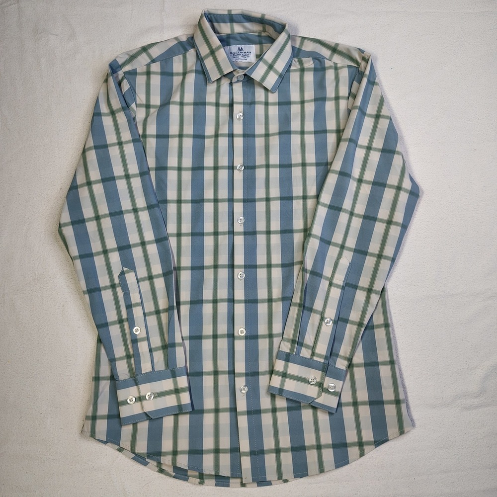 Mizzen+Main Leeward Shirt Mens Small Blue Green Plaid Collection L/S
